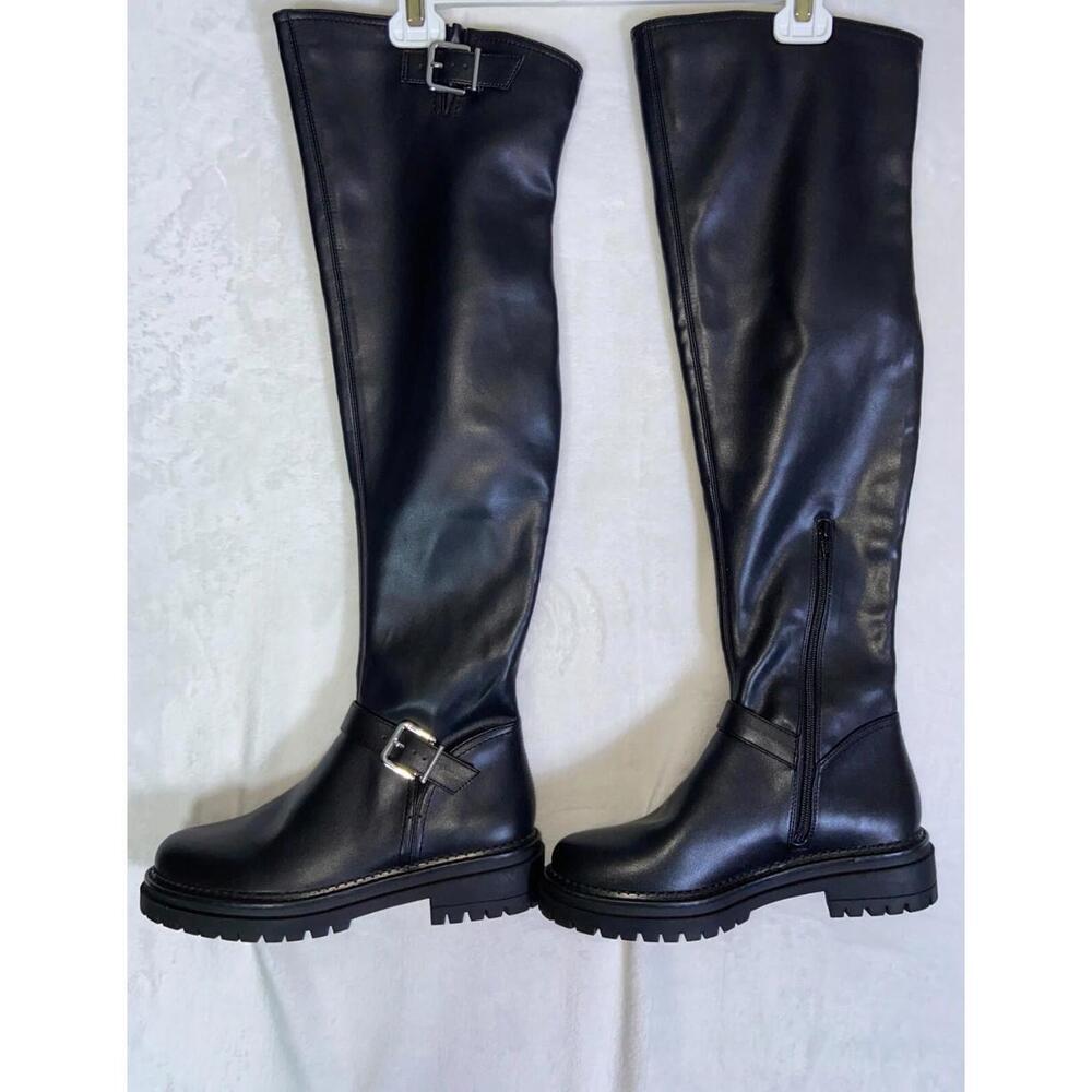 GB Knee High Boots Zip Buckle Biker 8 M 202308XX Black Combat - Picture 6 of 13
